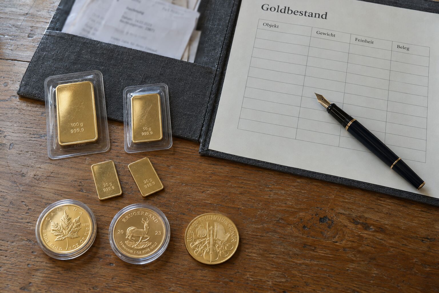 Auf einem Holztisch liegen ein 100-Gramm- und ein 50-Gramm-Goldbarren in Schutzverpackung, zwei 20-Gramm-Barren und drei Goldmünzen, zwei davon in Kapseln. Daneben eine offene Mappe mit Kaufbelegen und einer leeren Tabelle „Goldbestand“ mit den Spalten Objekt, Gewicht, Feinheit und Beleg, darauf ein Füller.