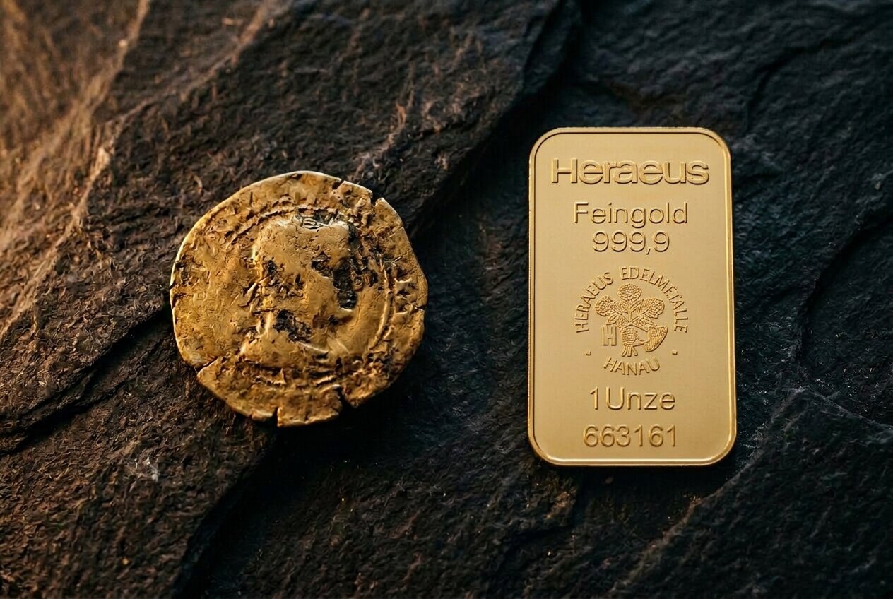 Eine antike, abgegriffene Goldmünze und ein geprägter 1-Unzen-Goldbarren von Heraeus nebeneinander auf dunklem Schiefer