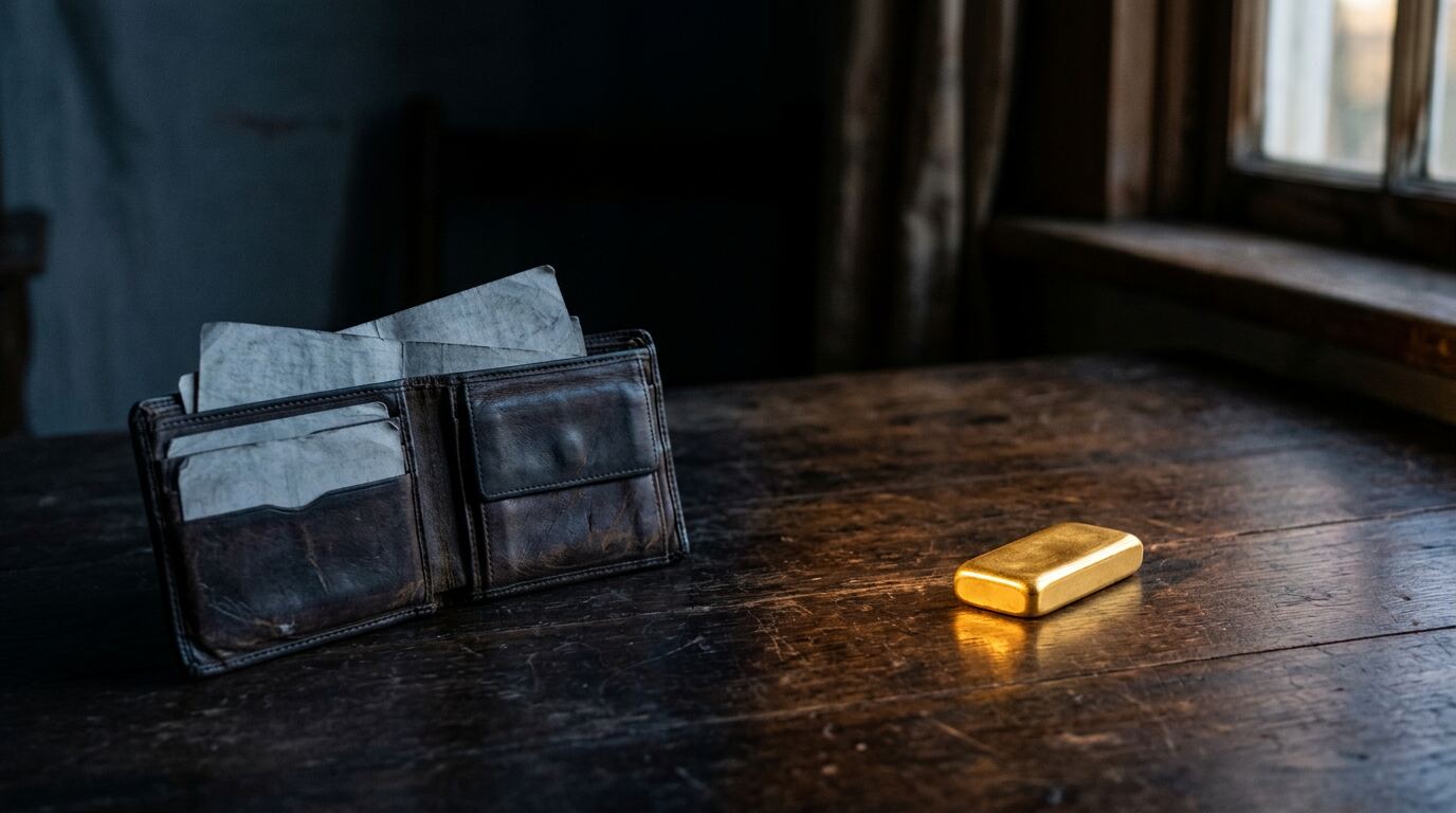 Eine abgewetzte Geldbörse mit verblassten Geldscheinen neben einem glänzenden Goldbarren auf einem alten Holztisch