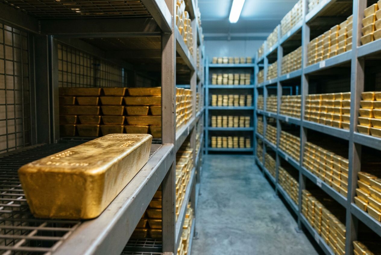 Regalreihen mit Goldbarren in einem Hochsicherheitslager