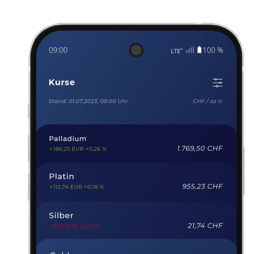 Kurse in der flexgold-App: Palladium, Platin und Silber mit Live-Preis