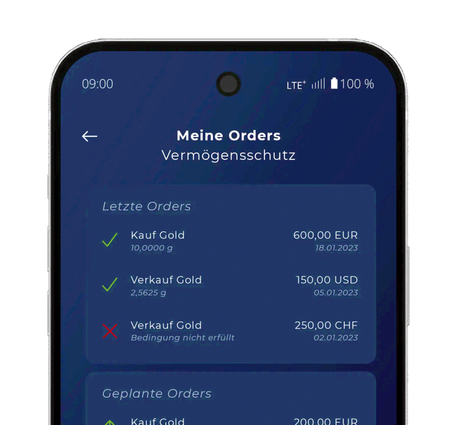 Meine Orders in der flexgold-App: letzte Orders und geplante Orders