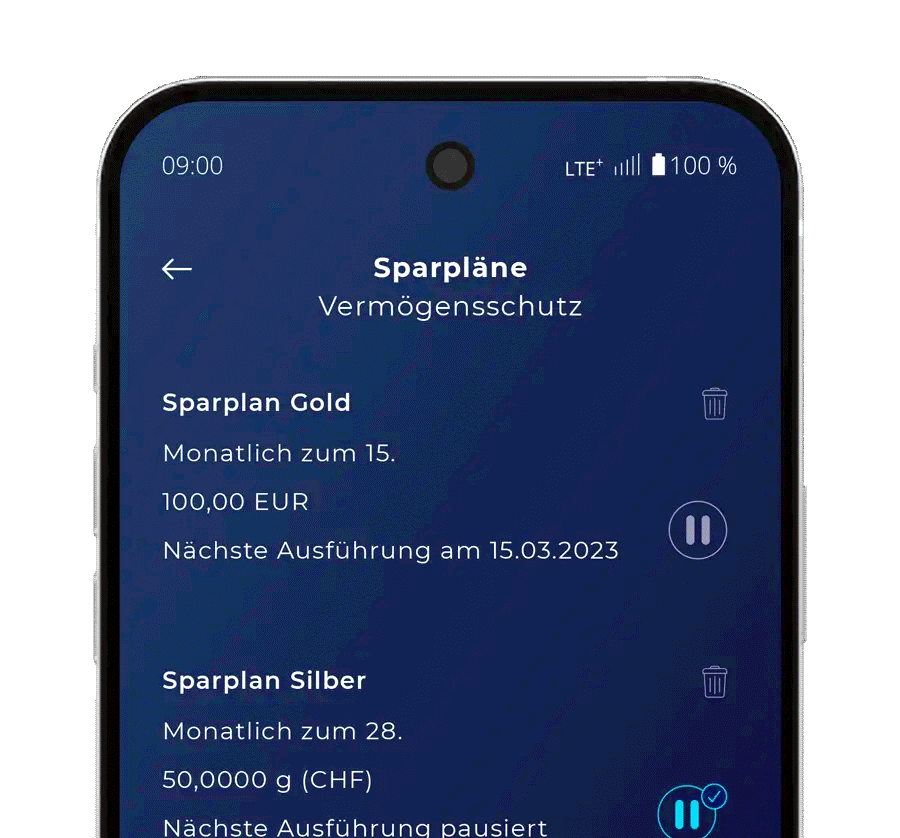 Sparpläne in der flexgold-App: Gold monatlich 100 Euro, Silber pausiert, mit Pause-Knopf
