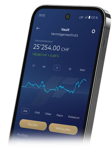 flexgold-App: Vault Vermögensschutz mit Edelmetallbestand, Chart und den Knöpfen Kaufen und Verkaufen