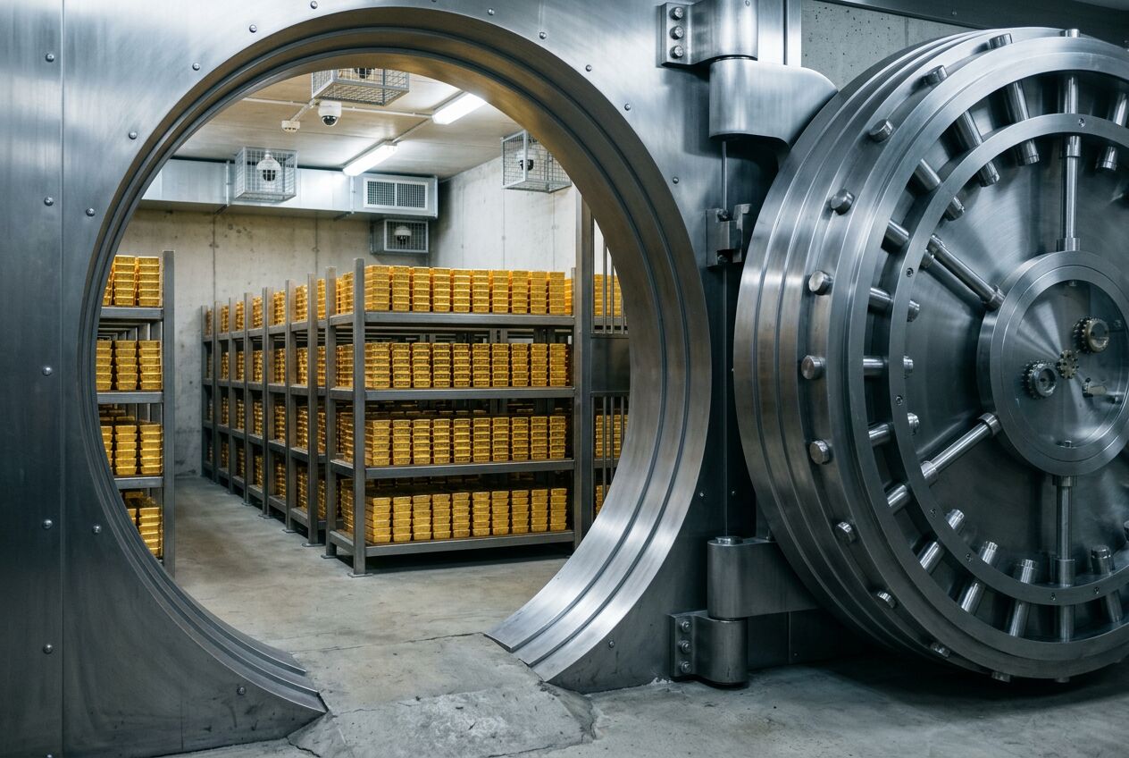 Geöffnete Tresortür eines Hochsicherheitslagers, dahinter Regale mit Goldbarren
