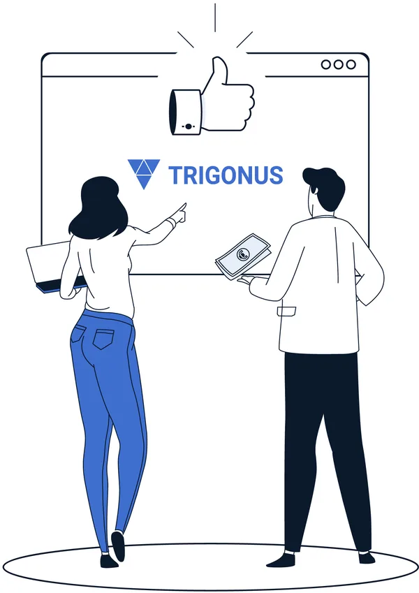 Grafik: zwei Personen vor einem Bildschirm mit Daumen hoch und Trigonus-Logo