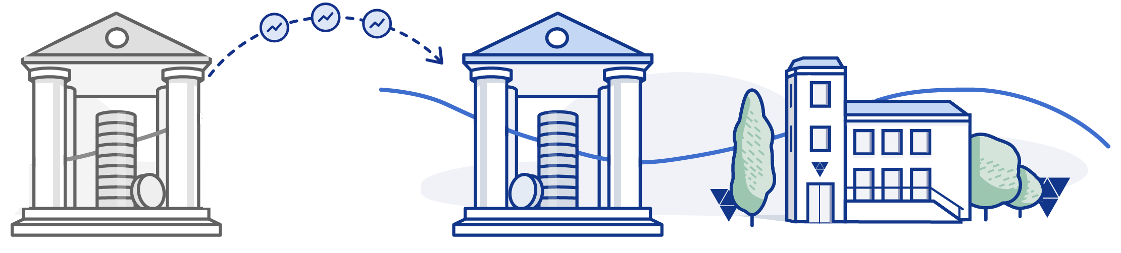 Illustration: Pfeil von der bisherigen Bank zur Partnerbank, daneben das Trigonus-Bürogebäude