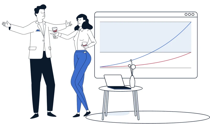 Illustration: zwei Menschen stoßen vor einem Chart an, die blaue Kurve mit Trigonus steigt stärker als die rote